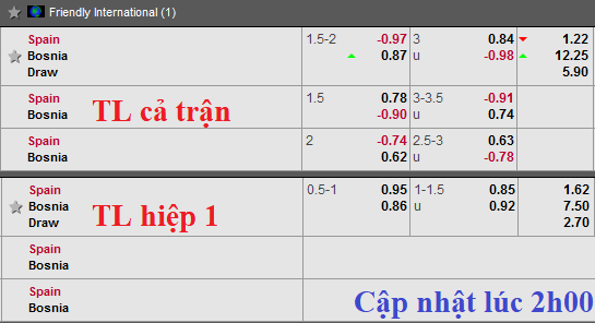 CHỐT KÈO TRỰC TIẾP trận Tây Ban Nha vs Bosnia (2h45)