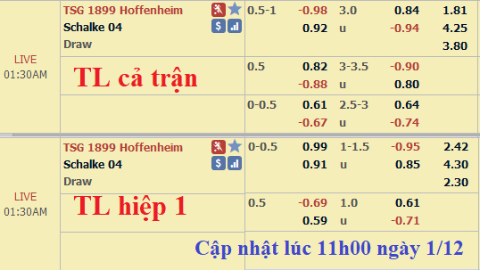 CHỐT KÈO TRỰC TIẾP trận Hoffenheim vs Schalke