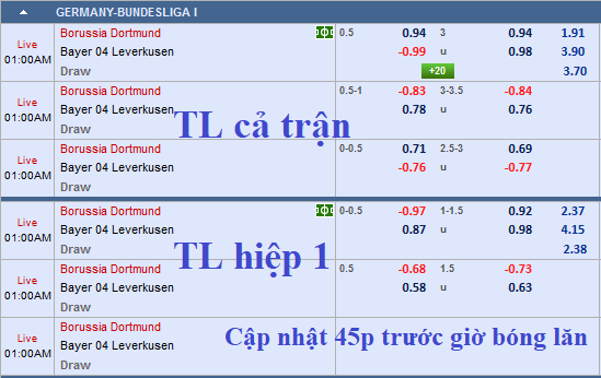 CHỐT KÈO TRỰC TIẾP trận Dortmund vs Leverkusen (00h00)