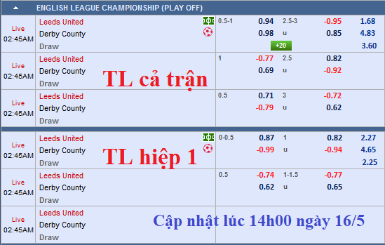 CHỐT KÈO TRỰC TIẾP trận Leeds vs  Derby County