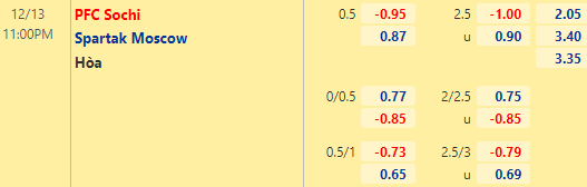 Nhận định bóng đá Sochi vs Spartak Moscow, 23h00 ngày 13/12: VĐQG Nga